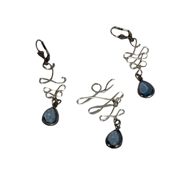 Blue Chrystal Dangle Silver Earrings & Pendant Vintage Artisan Jewelry Set - Picture 3 of 6